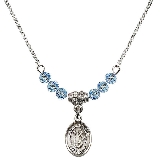 Sterling Silver Saint Dominic de Guzman Birthstone Necklace with Aqua Beads - 9030