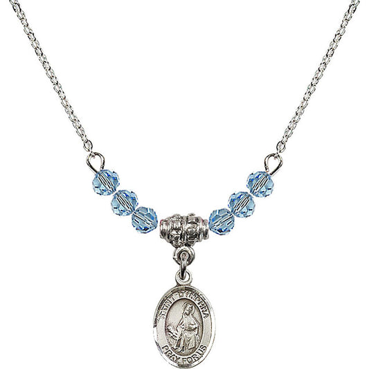 Sterling Silver Saint Dymphna Birthstone Necklace with Aqua Beads - 9032