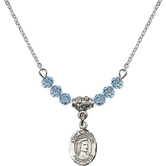 Sterling Silver Saint Elizabeth of Hungary Birthstone Necklace with Aqua Beads - 9033