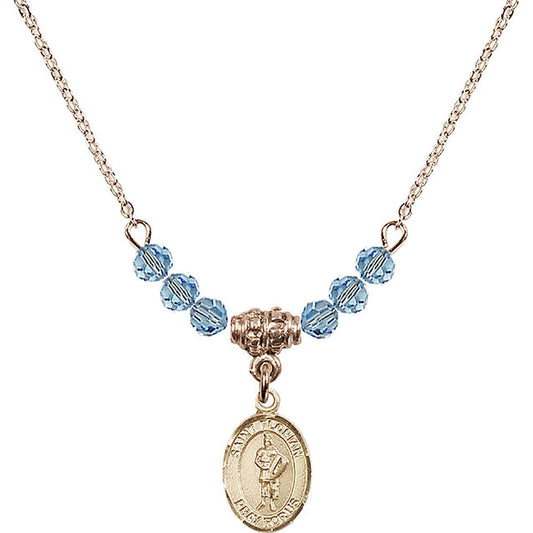 14kt Gold Filled Saint Florian Birthstone Necklace with Aqua Beads - 9034