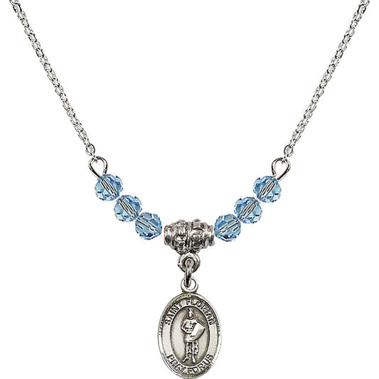 Sterling Silver Saint Florian Birthstone Necklace with Aqua Beads - 9034