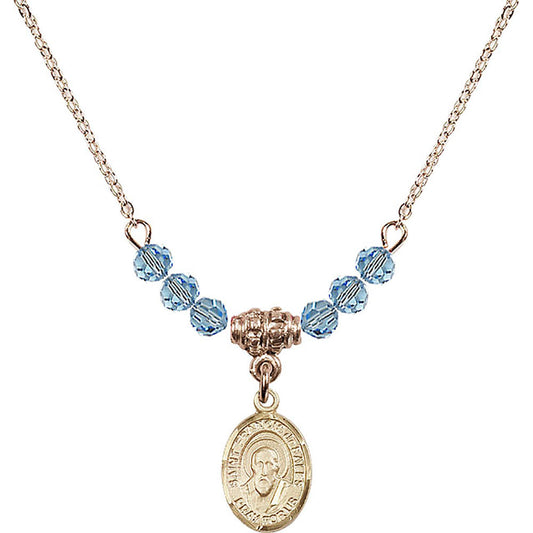 14kt Gold Filled Saint Francis de Sales Birthstone Necklace with Aqua Beads - 9035