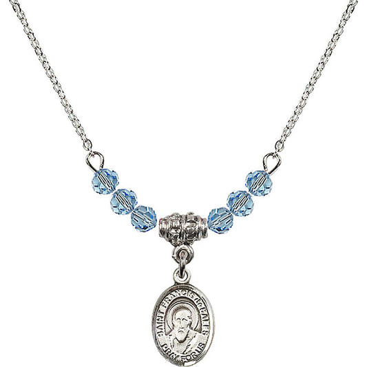 Sterling Silver Saint Francis de Sales Birthstone Necklace with Aqua Beads - 9035