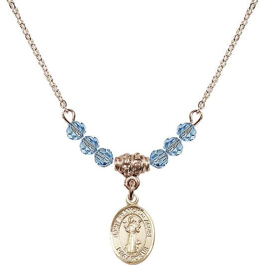 14kt Gold Filled Saint Francis of Assisi Birthstone Necklace with Aqua Beads - 9036