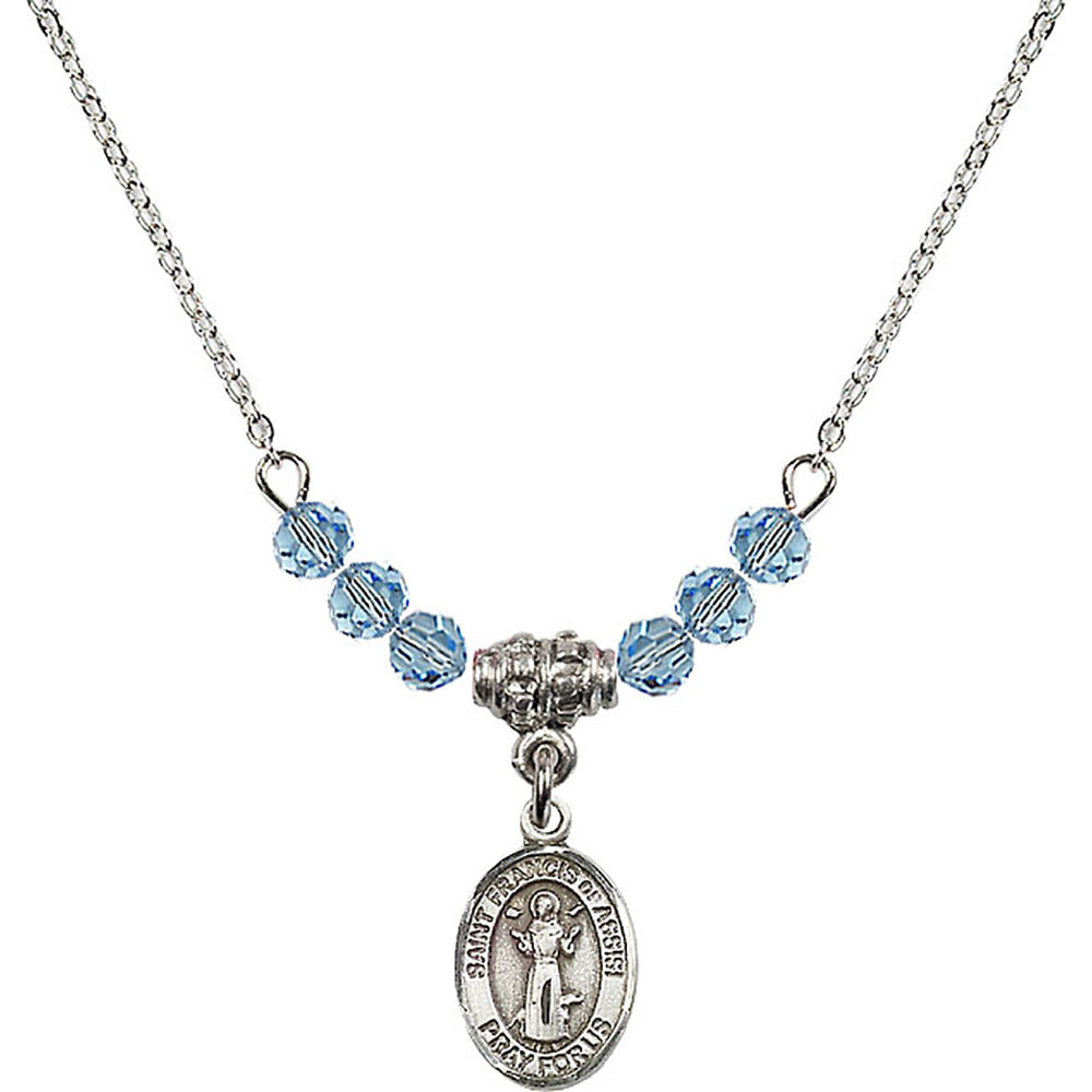 Sterling Silver Saint Francis of Assisi Birthstone Necklace with Aqua Beads - 9036