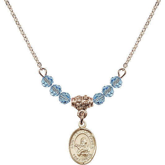14kt Gold Filled Saint Francis Xavier Birthstone Necklace with Aqua Beads - 9037
