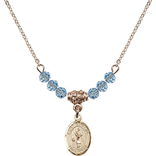 14kt Gold Filled Saint Genesius of Rome Birthstone Necklace with Aqua Beads - 9038