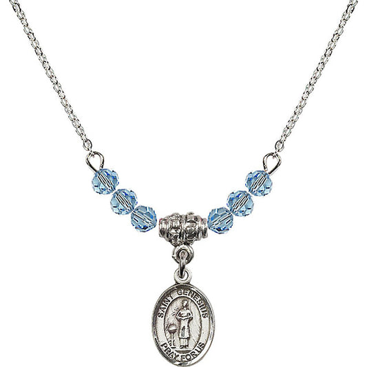 Sterling Silver Saint Genesius of Rome Birthstone Necklace with Aqua Beads - 9038