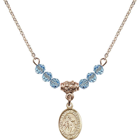 14kt Gold Filled Saint Gabriel the Archangel Birthstone Necklace with Aqua Beads - 9039