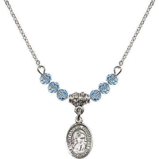 Sterling Silver Saint Gabriel the Archangel Birthstone Necklace with Aqua Beads - 9039