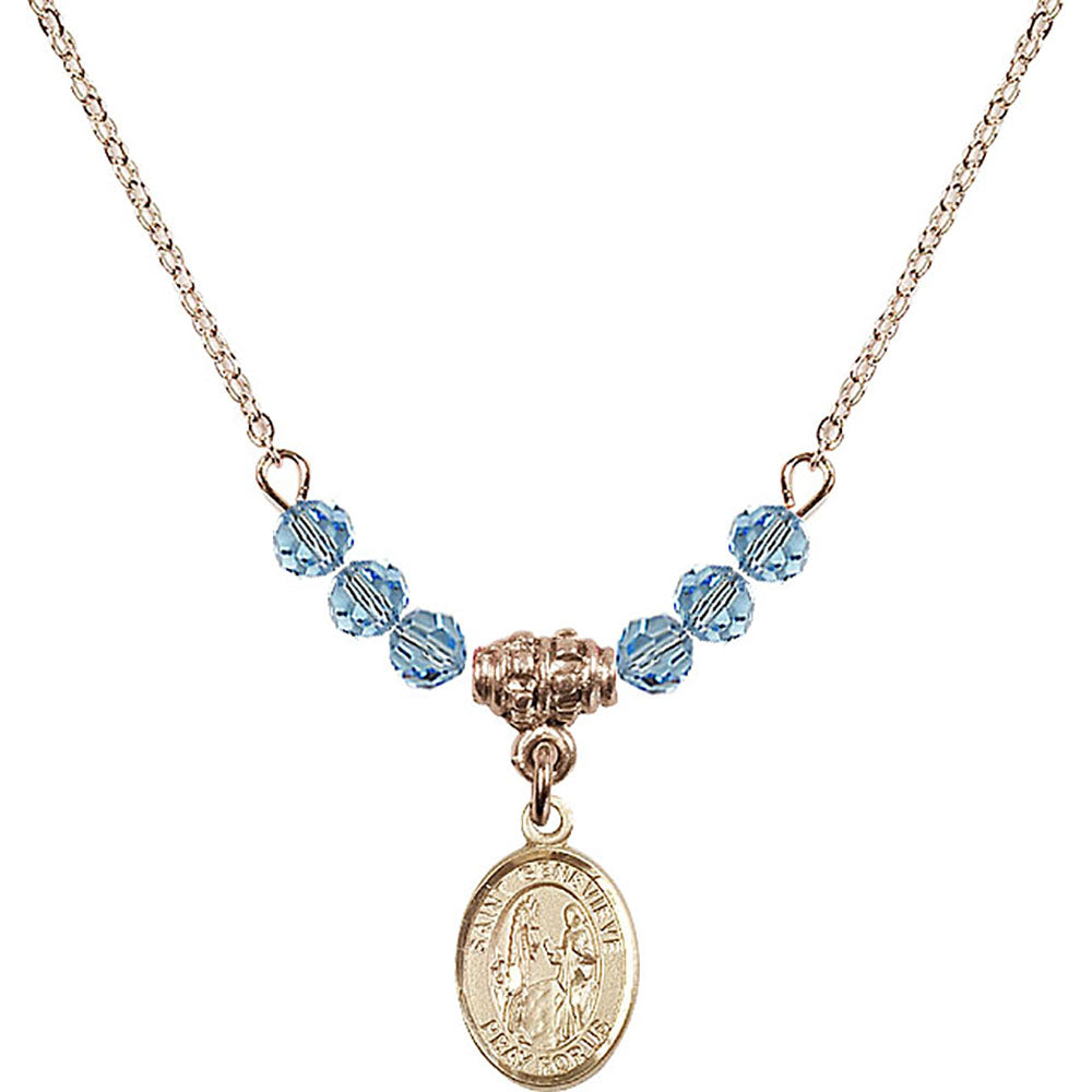 14kt Gold Filled Saint Genevieve Birthstone Necklace with Aqua Beads - 9041