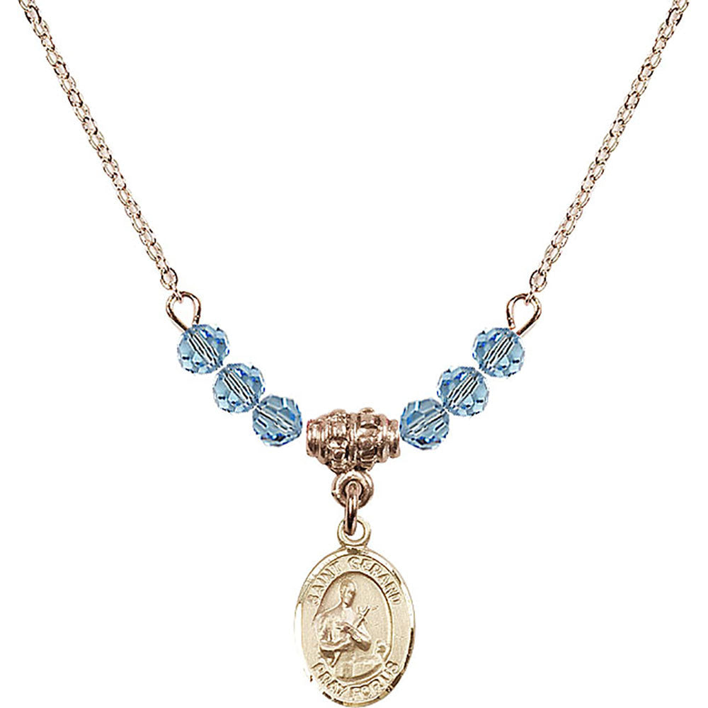 14kt Gold Filled Saint Gerard Majella Birthstone Necklace with Aqua Beads - 9042