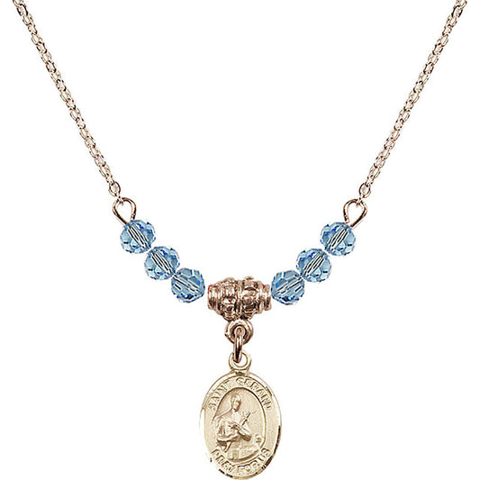 14kt Gold Filled Saint Gerard Majella Birthstone Necklace with Aqua Beads - 9042