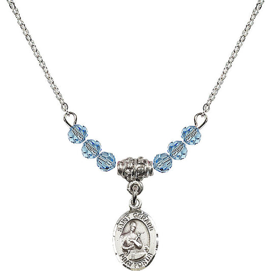 Sterling Silver Saint Gerard Majella Birthstone Necklace with Aqua Beads - 9042