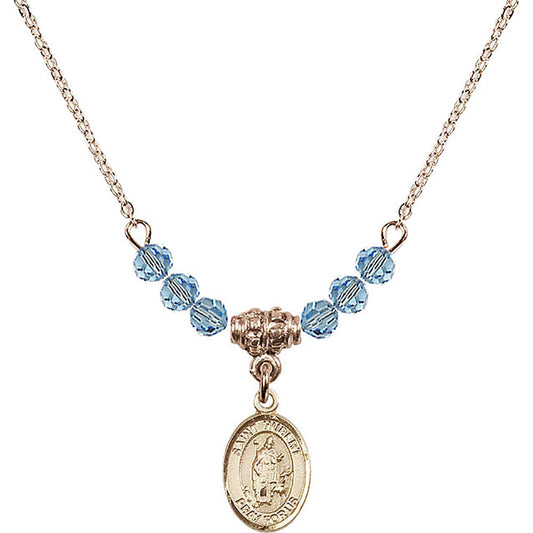 14kt Gold Filled Saint Hubert of Liege Birthstone Necklace with Aqua Beads - 9045