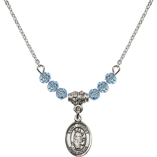 Sterling Silver Saint Hubert of Liege Birthstone Necklace with Aqua Beads - 9045