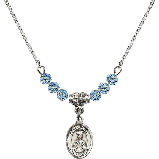 Sterling Silver Saint Henry II Birthstone Necklace with Aqua Beads - 9046