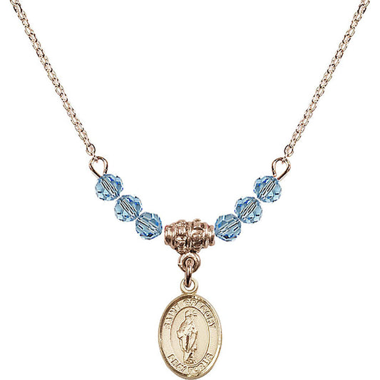 14kt Gold Filled Saint Gregory the Great Birthstone Necklace with Aqua Beads - 9048