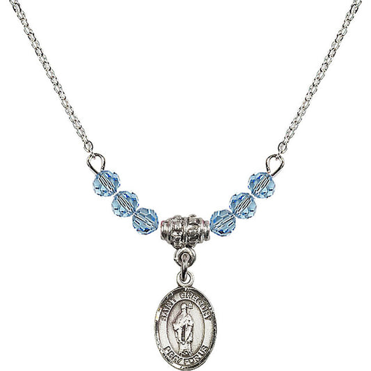 Sterling Silver Saint Gregory the Great Birthstone Necklace with Aqua Beads - 9048