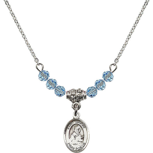 Sterling Silver Saint Isidore of Seville Birthstone Necklace with Aqua Beads - 9049