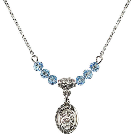 Sterling Silver Saint Jason Birthstone Necklace with Aqua Beads - 9051