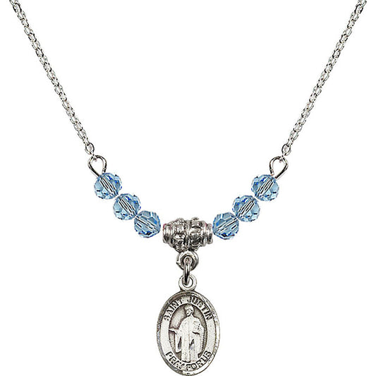 Sterling Silver Saint Justin Birthstone Necklace with Aqua Beads - 9052