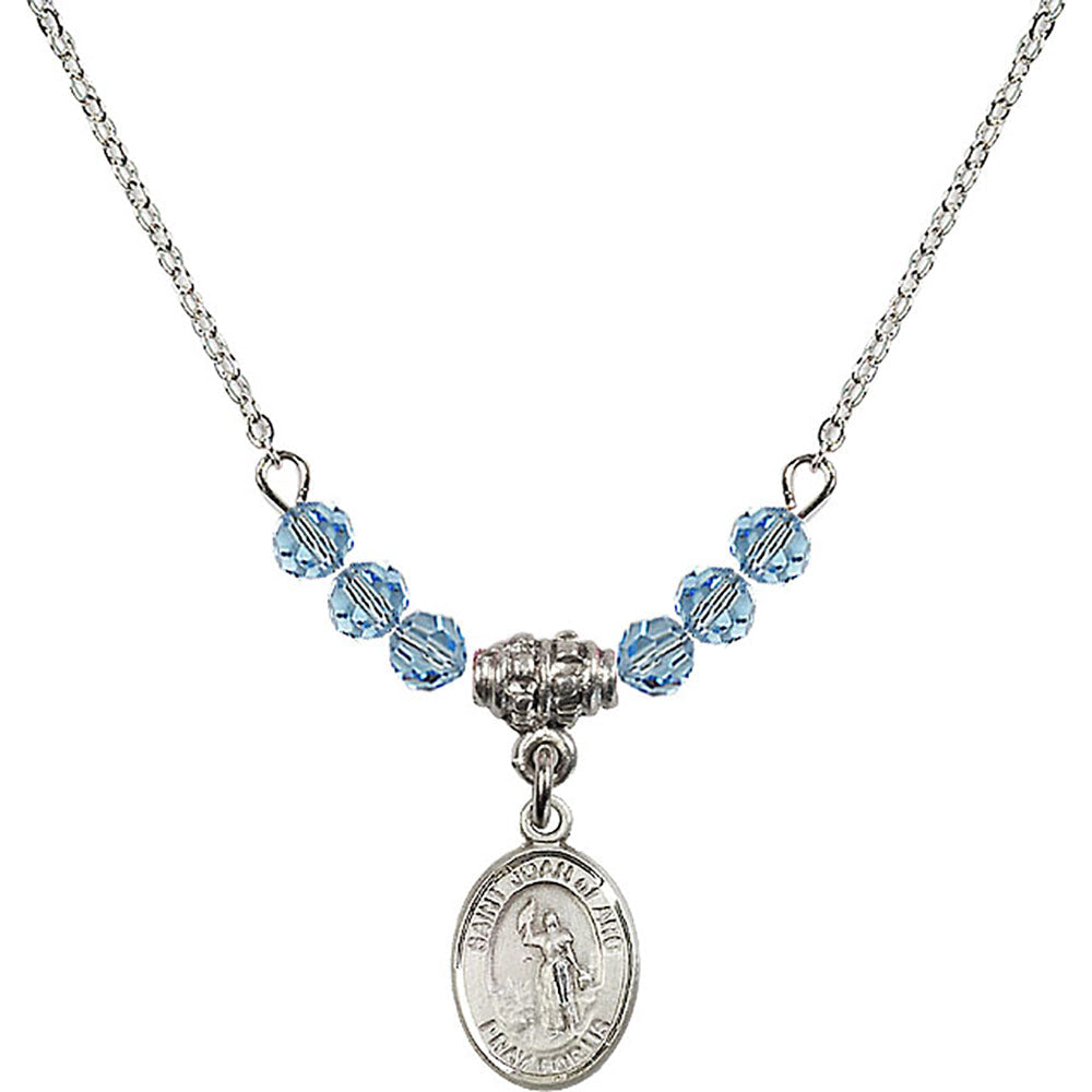 Sterling Silver Saint Joan of Arc Birthstone Necklace with Aqua Beads - 9053