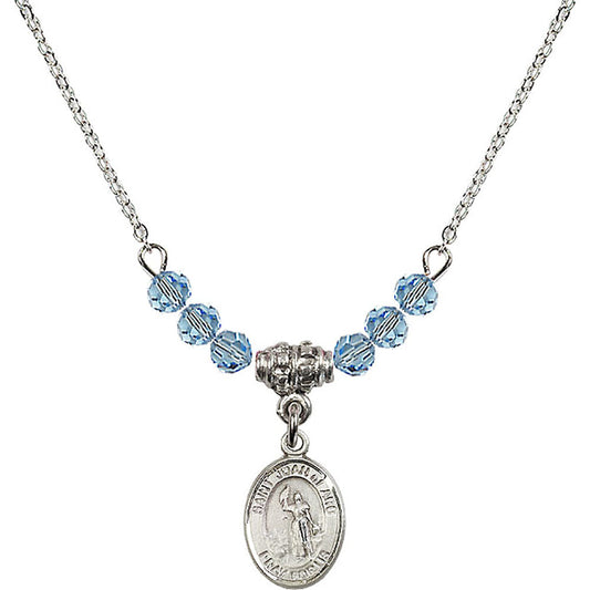 Sterling Silver Saint Joan of Arc Birthstone Necklace with Aqua Beads - 9053