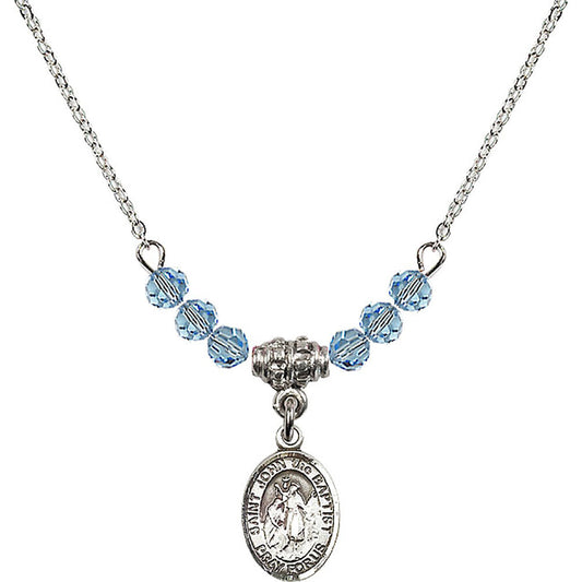 Sterling Silver Saint John the Baptist Birthstone Necklace with Aqua Beads - 9054