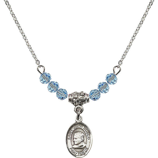 Sterling Silver Saint John Bosco Birthstone Necklace with Aqua Beads - 9055