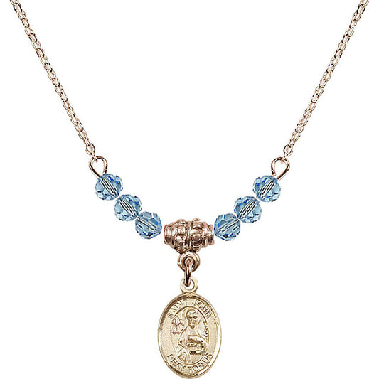 14kt Gold Filled Saint John the Apostle Birthstone Necklace with Aqua Beads - 9056
