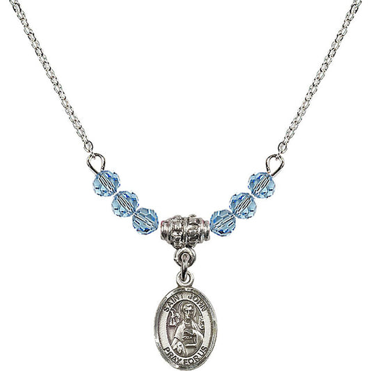 Sterling Silver Saint John the Apostle Birthstone Necklace with Aqua Beads - 9056