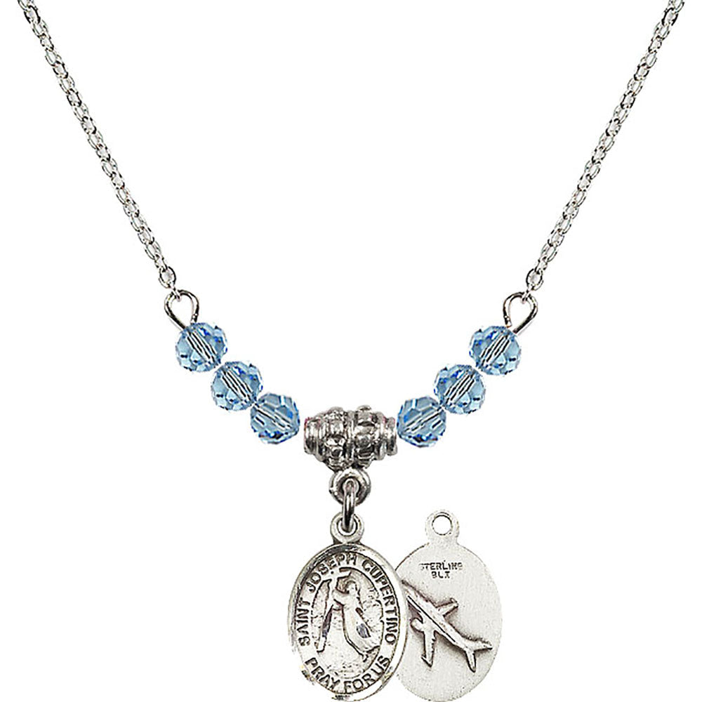 Sterling Silver Saint Joseph of Cupertino Birthstone Necklace with Aqua Beads - 9057