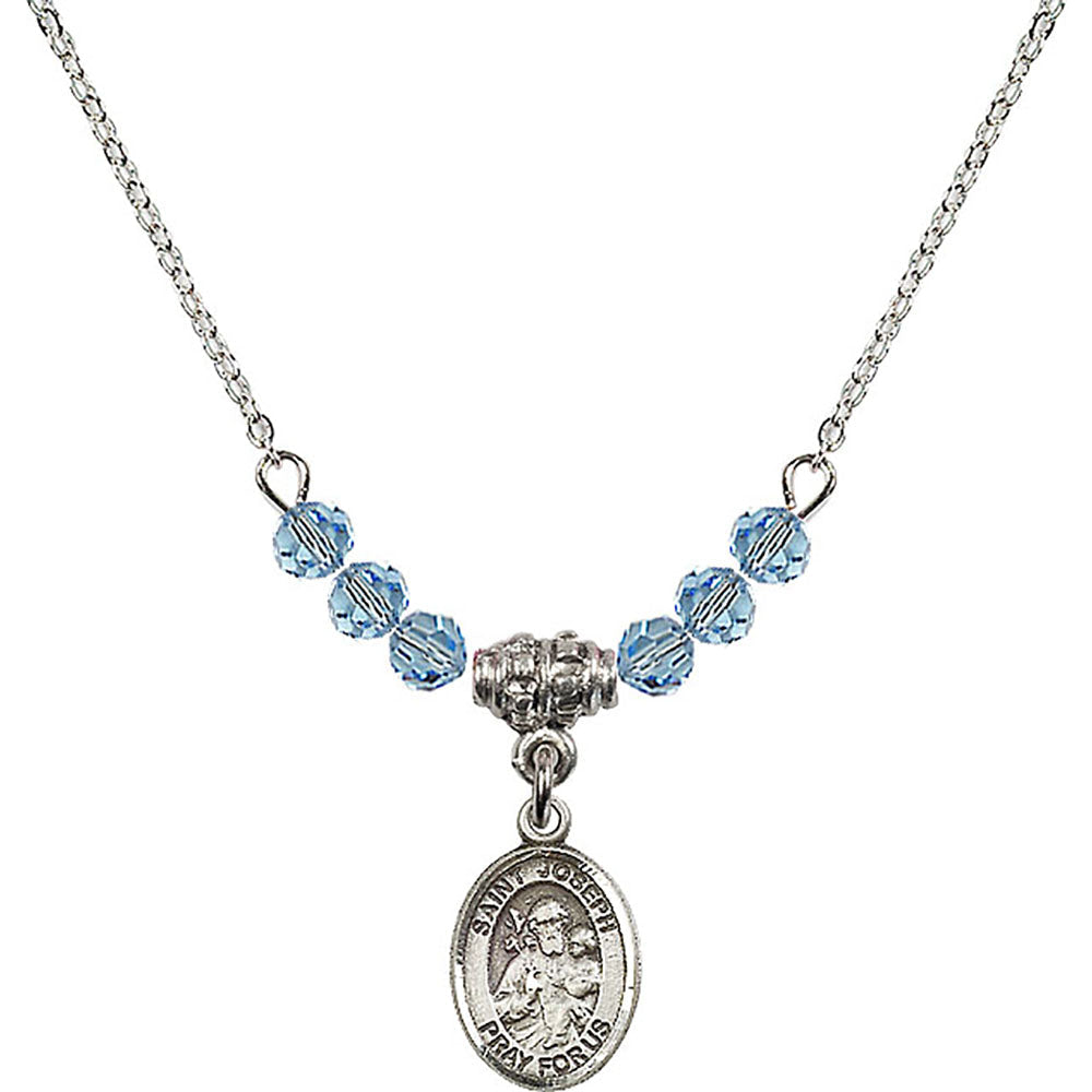 Sterling Silver Saint Joseph Birthstone Necklace with Aqua Beads - 9058