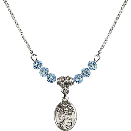 Sterling Silver Saint Joseph Birthstone Necklace with Aqua Beads - 9058