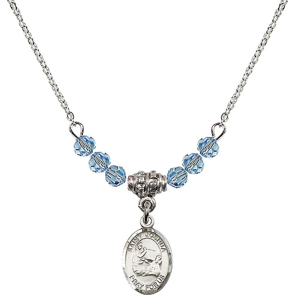 Sterling Silver Saint Joshua Birthstone Necklace with Aqua Beads - 9059