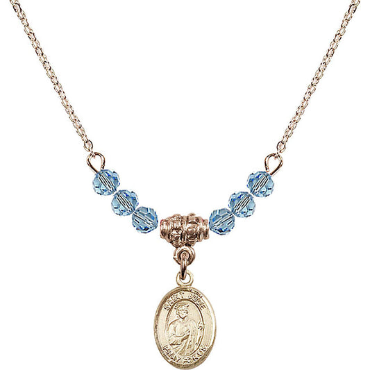 14kt Gold Filled Saint Jude Thaddeus Birthstone Necklace with Aqua Beads - 9060