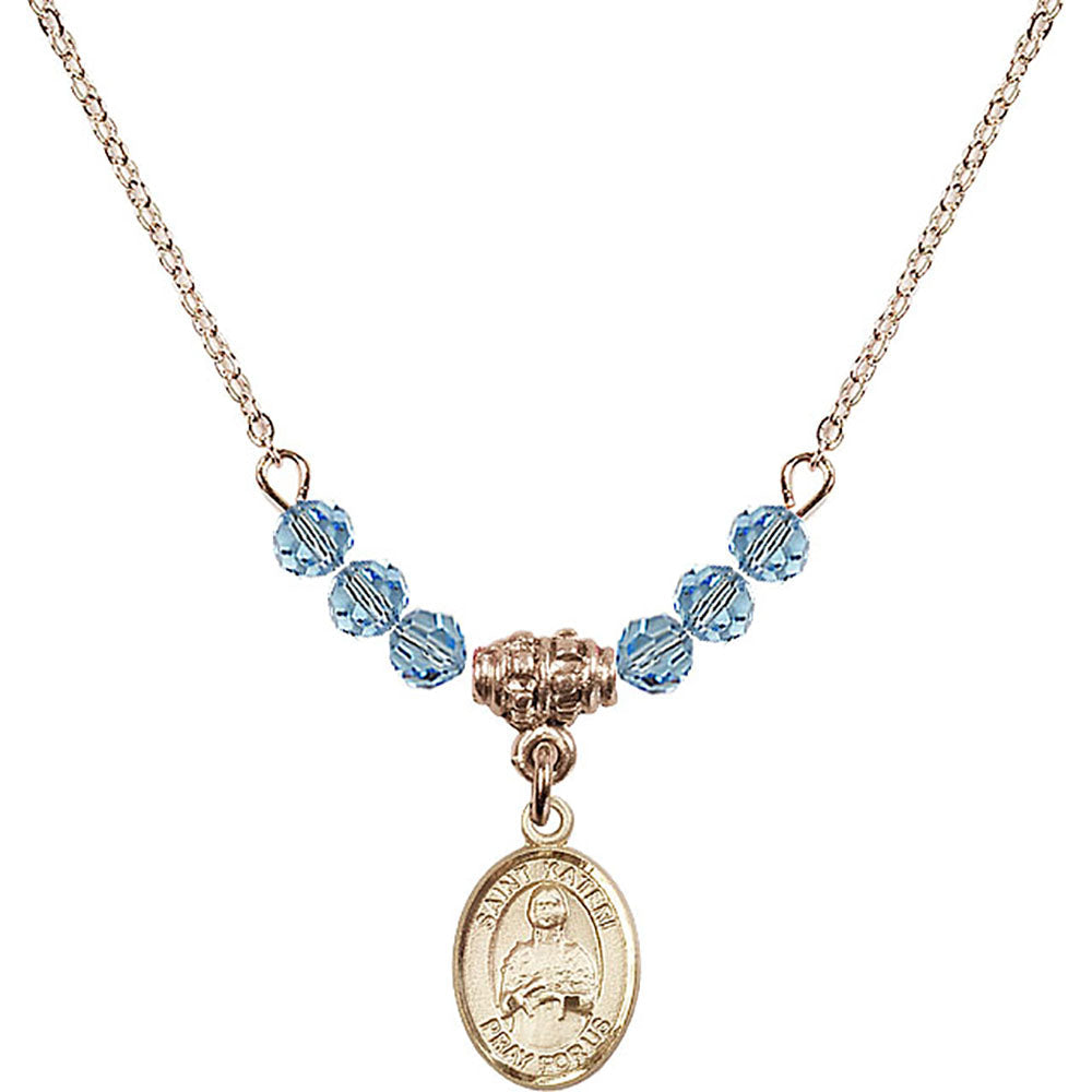 14kt Gold Filled Saint Kateri Tekakwitha Birthstone Necklace with Aqua Beads - 9061