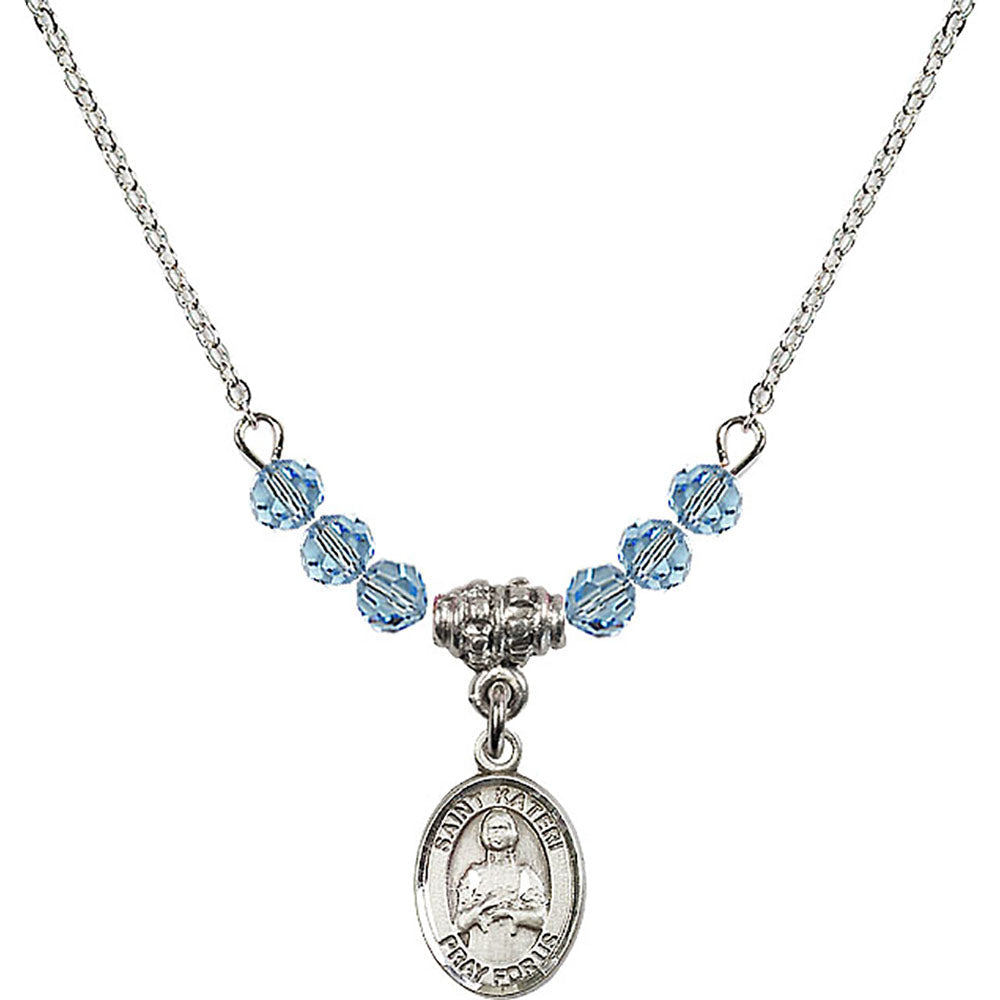 Sterling Silver Saint Kateri Tekakwitha Birthstone Necklace with Aqua Beads - 9061