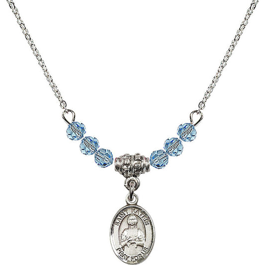 Sterling Silver Saint Kateri Tekakwitha Birthstone Necklace with Aqua Beads - 9061