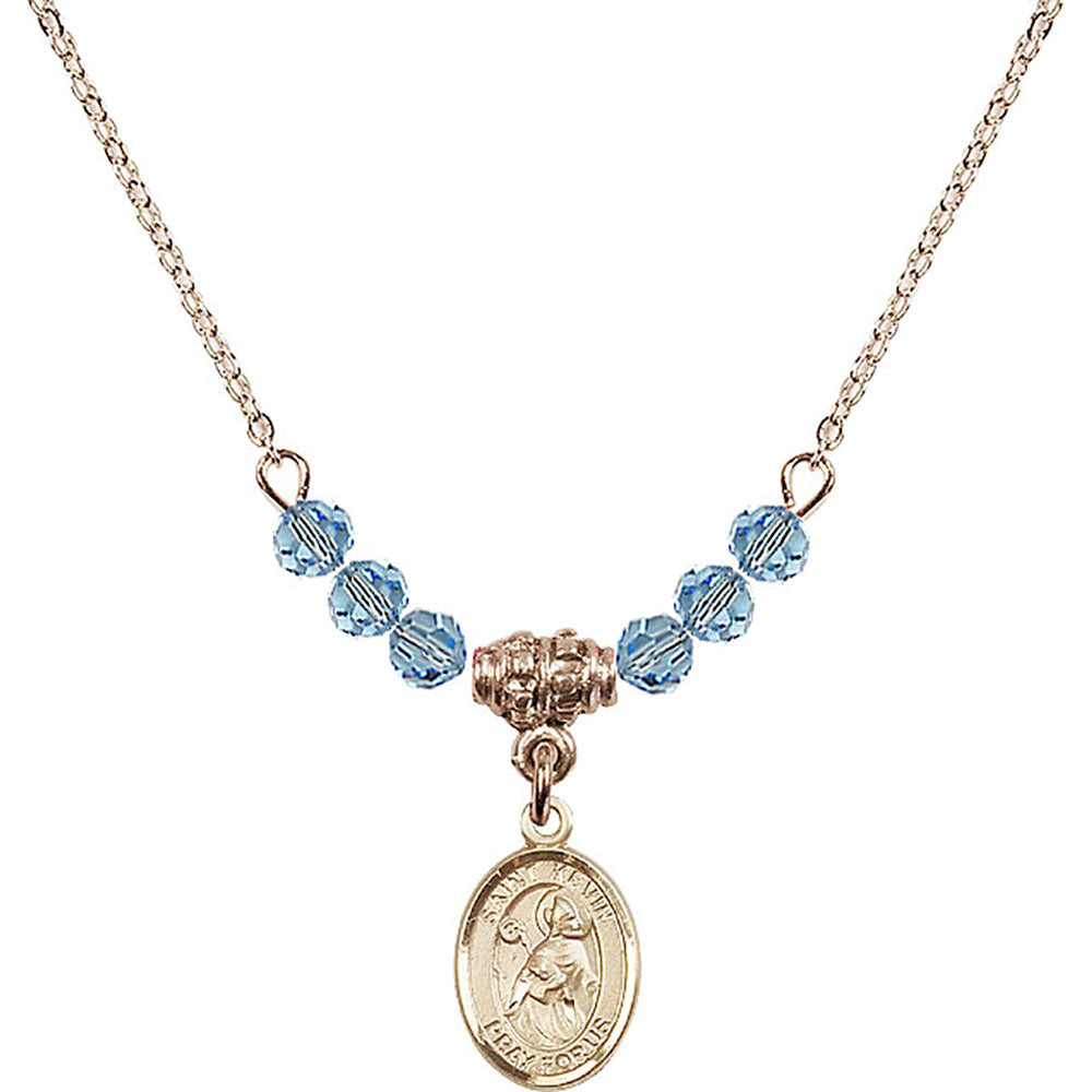 14kt Gold Filled Saint Kevin Birthstone Necklace with Aqua Beads - 9062
