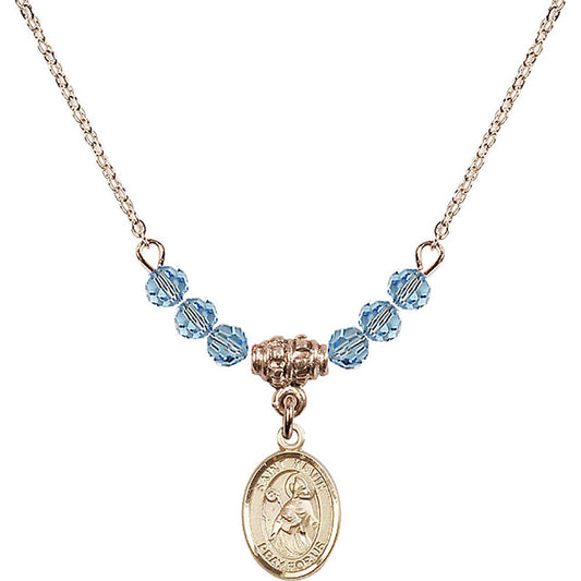 14kt Gold Filled Saint Kevin Birthstone Necklace with Aqua Beads - 9062