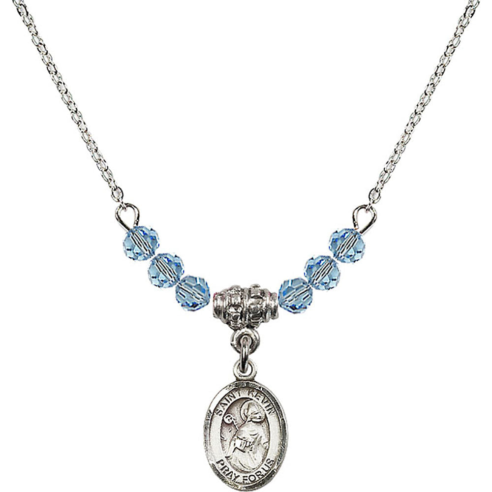 Sterling Silver Saint Kevin Birthstone Necklace with Aqua Beads - 9062