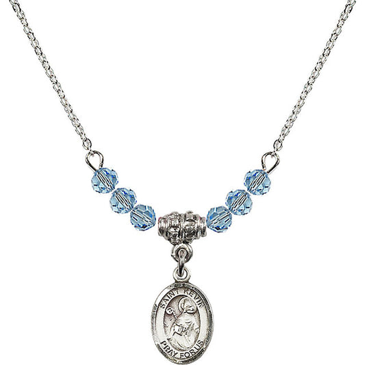 Sterling Silver Saint Kevin Birthstone Necklace with Aqua Beads - 9062