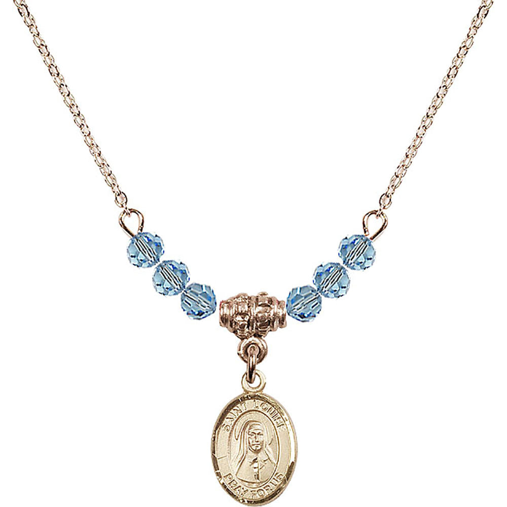 14kt Gold Filled Saint Louise de Marillac Birthstone Necklace with Aqua Beads - 9064