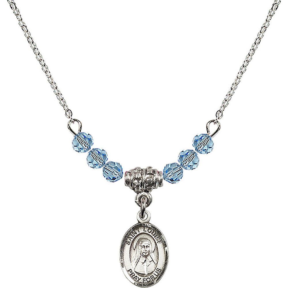 Sterling Silver Saint Louise de Marillac Birthstone Necklace with Aqua Beads - 9064
