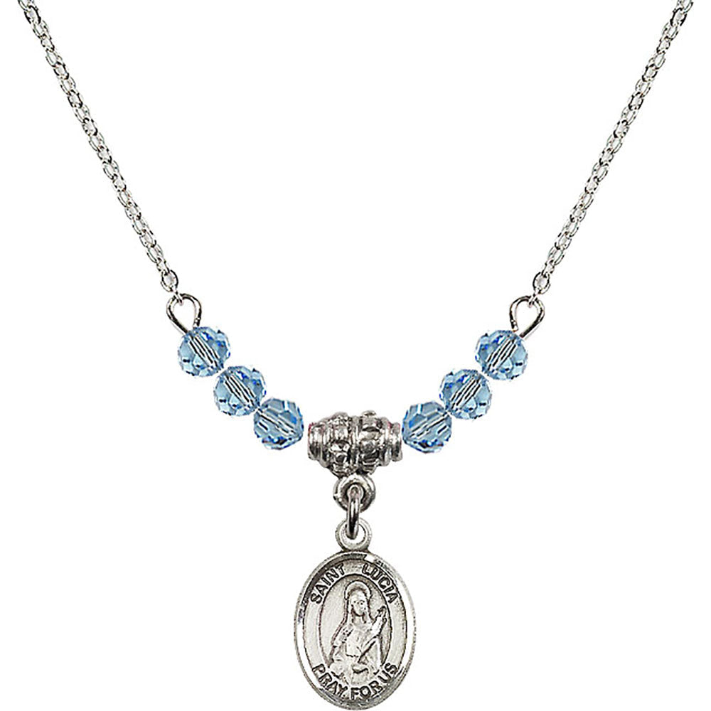 Sterling Silver Saint Lucia of Syracuse Birthstone Necklace with Aqua Beads - 9065