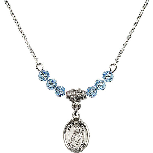 Sterling Silver Saint Lucia of Syracuse Birthstone Necklace with Aqua Beads - 9065