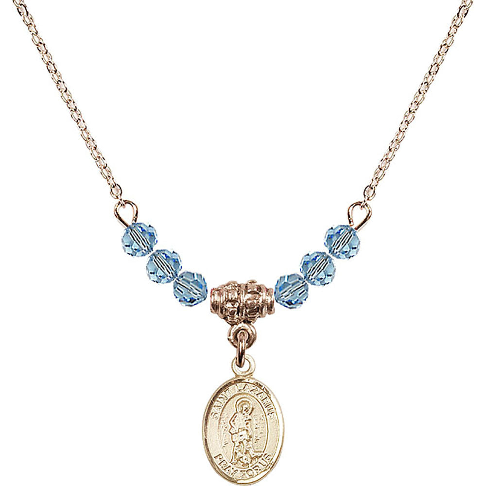 14kt Gold Filled Saint Lazarus Birthstone Necklace with Aqua Beads - 9066