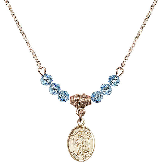 14kt Gold Filled Saint Lazarus Birthstone Necklace with Aqua Beads - 9066